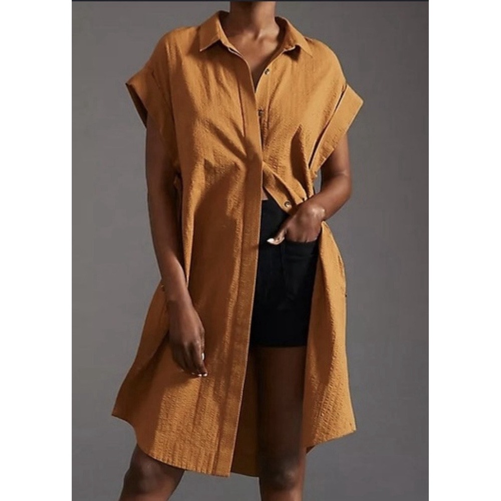 Maeve Side-Slit Relaxed Tunic Anthropologie mustard-brown Textured Cotton 1X